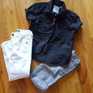 Black button down shirt with 2 pair of pants.